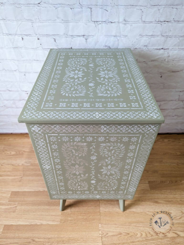 Faux Bone Inlay Stencil Hand-Painted Vintage Chest of Drawers, Pearlescent MADE TO ORDER