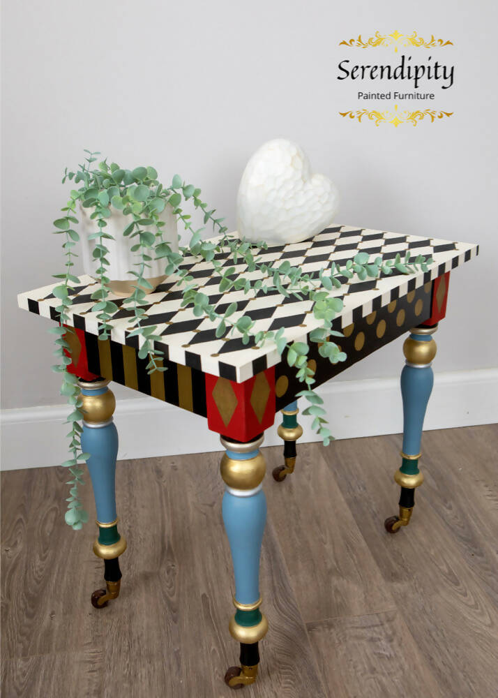 Mackenzie-Childs inspired Whimsical Painted Table, Harlequin Table, Alice in Wonderland Table.