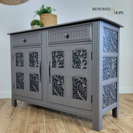 Oak Sideboard, Priory Sideboard, Wallpapered Cupboard, William Morris Wallpaper, Vintage Sideboard