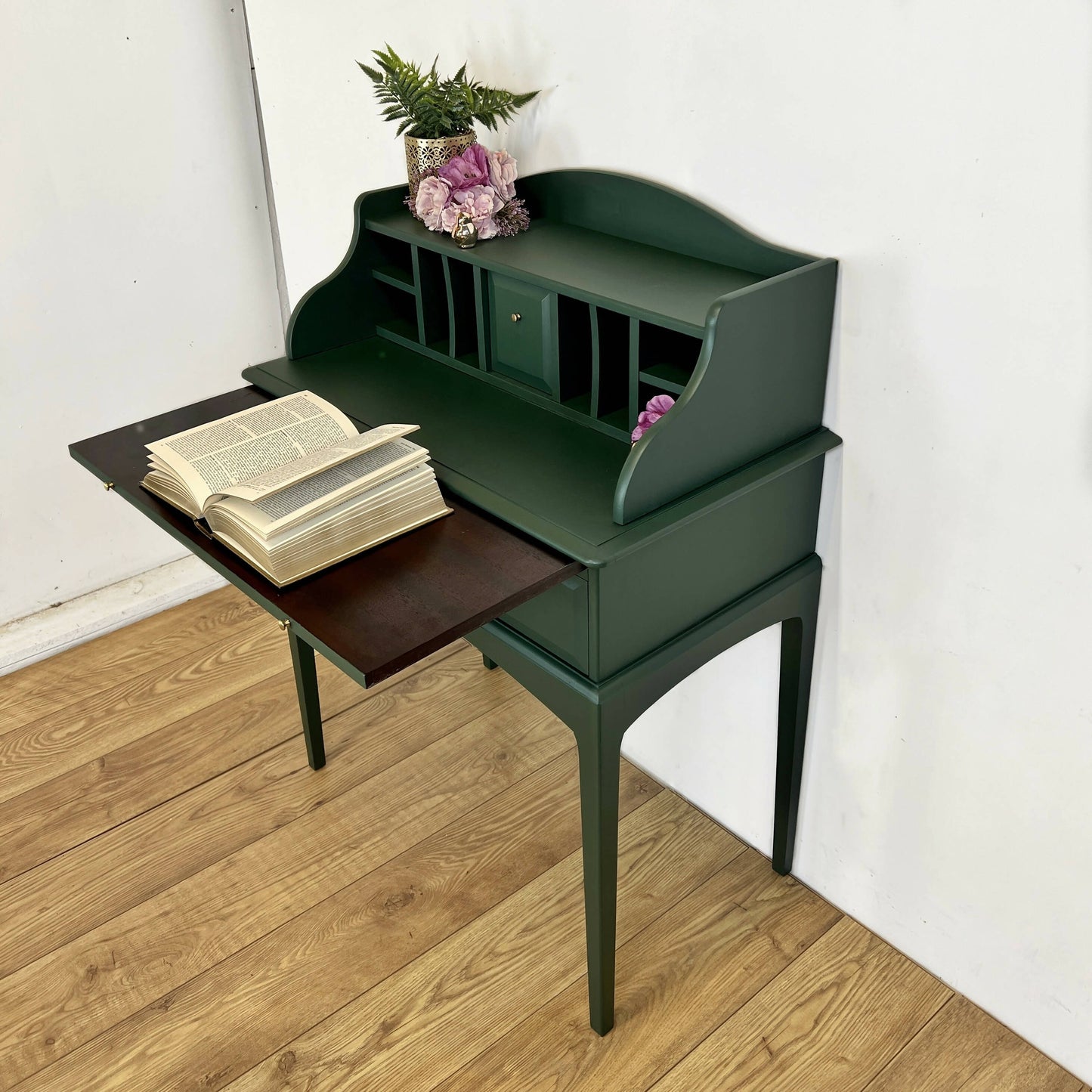 Very rare Stag Minstrel Secretaire in dark green, vintage writing desk, mid century bureau