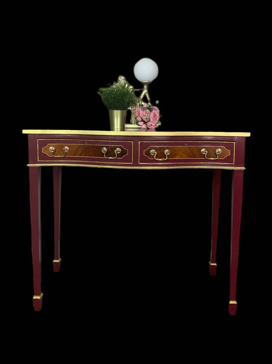 Hand painted Writing desk, Hall table, Console table with 2 curved drawers in Burgundy & Gold colour