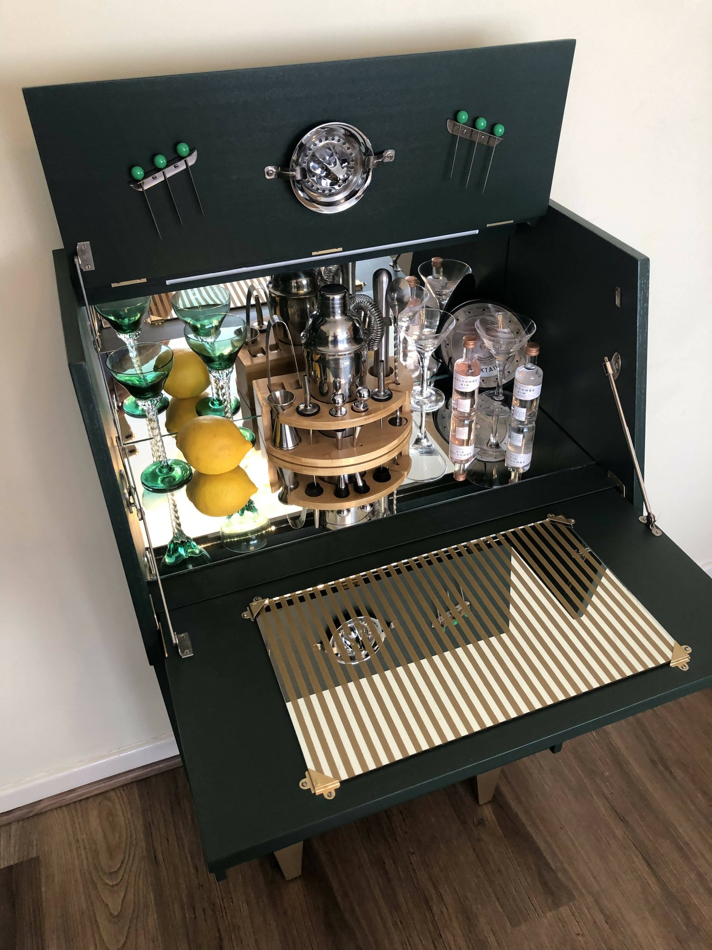 Mid Century Cocktail Cabinet, Drinks Cabinet, Home Bar in British Racing Green and Gold colour