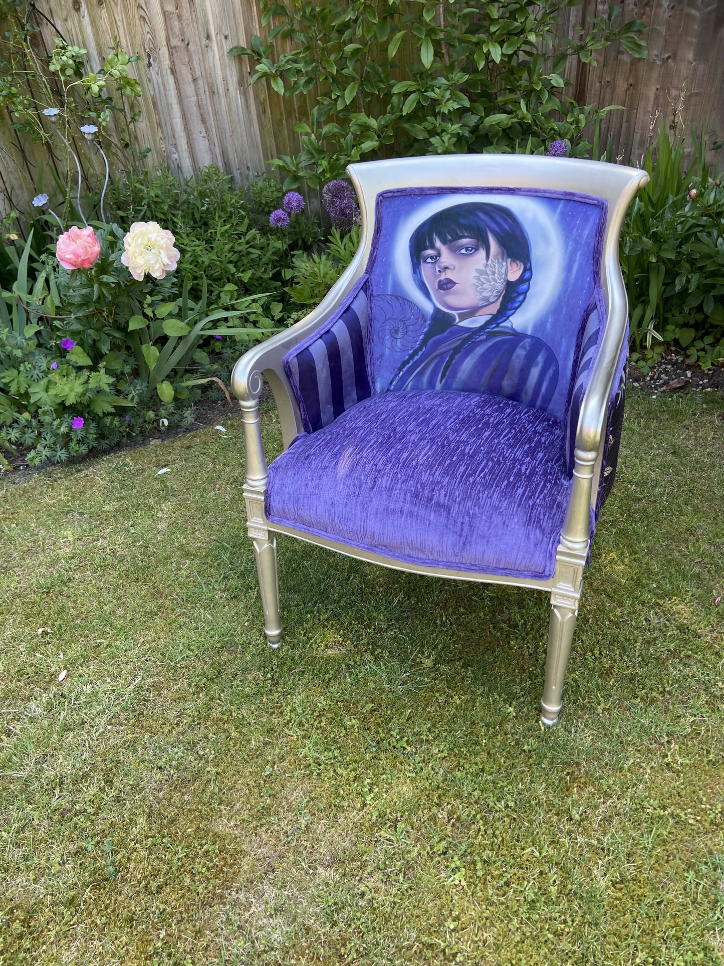 Velvet Covered Chair with Wednesday Addams