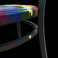 Hand painted school chair with vibrant rainbow stripe seat and gold leaf backrest. Abstract art design.
