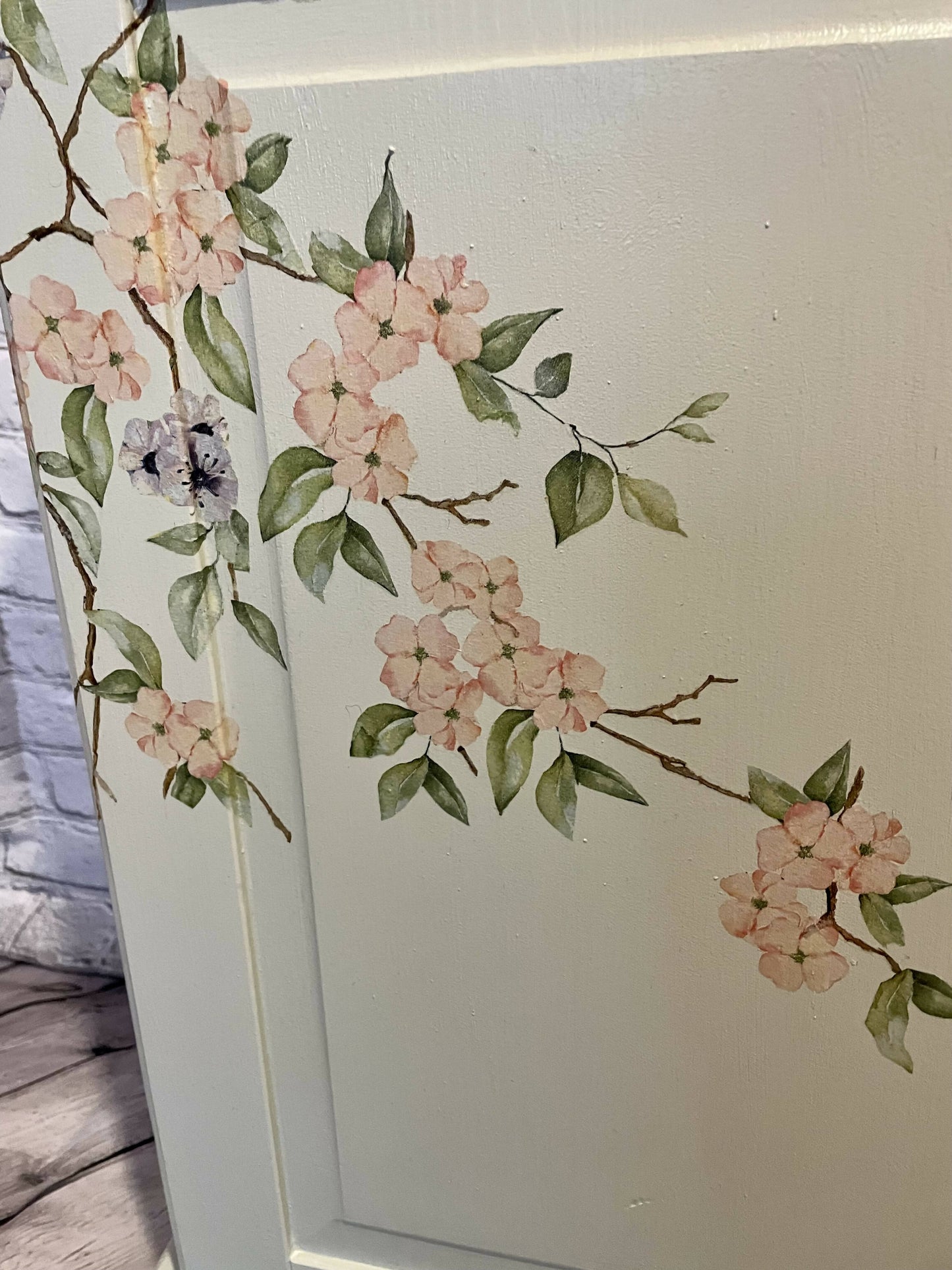 Hand painted chalk grey/green sideboard with beautiful cherry blossom decoupaged flowers