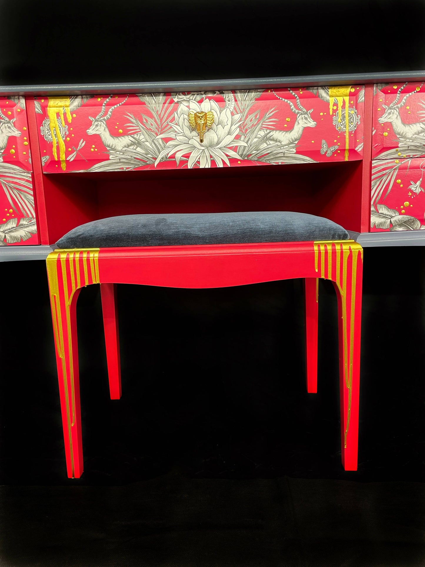 Red and grey decoupaged Stag dressing table/ desk