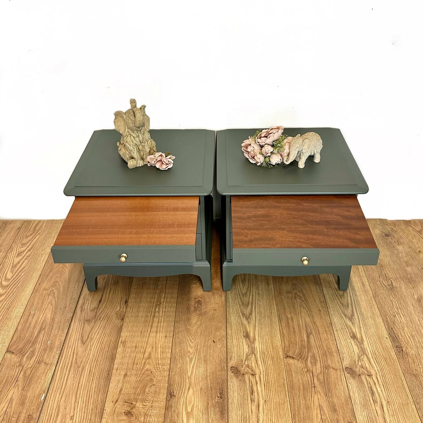 Refurbished Stag Minstrel bedside tables in olive green, vintage nightstands, upcycled, handprinted, drawers, dresser, chest, bedroom, pair