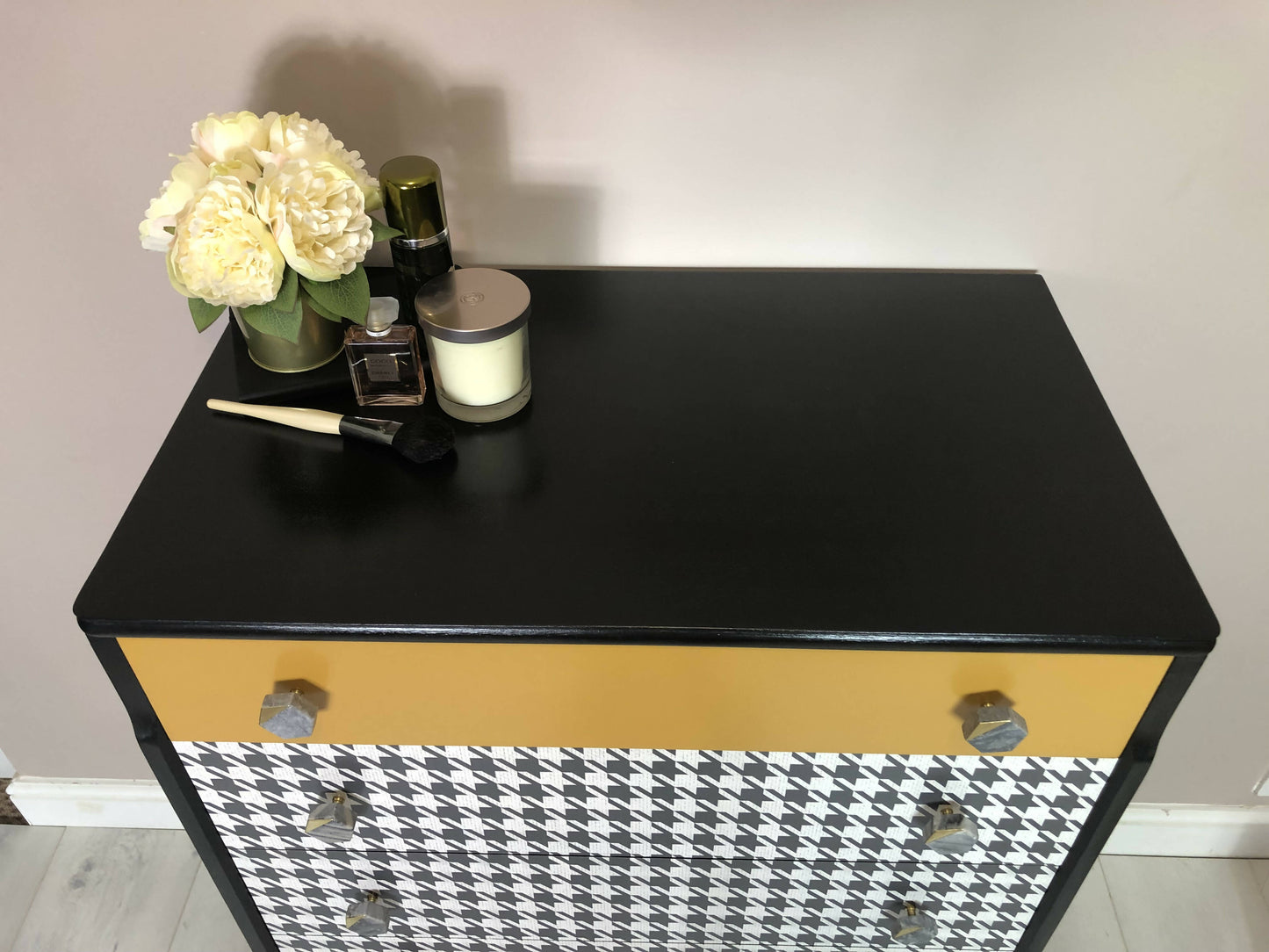 Retro Mid Century Chest of 5 drawers, Hand painted in black satin with Dogtooth pattern decoupage