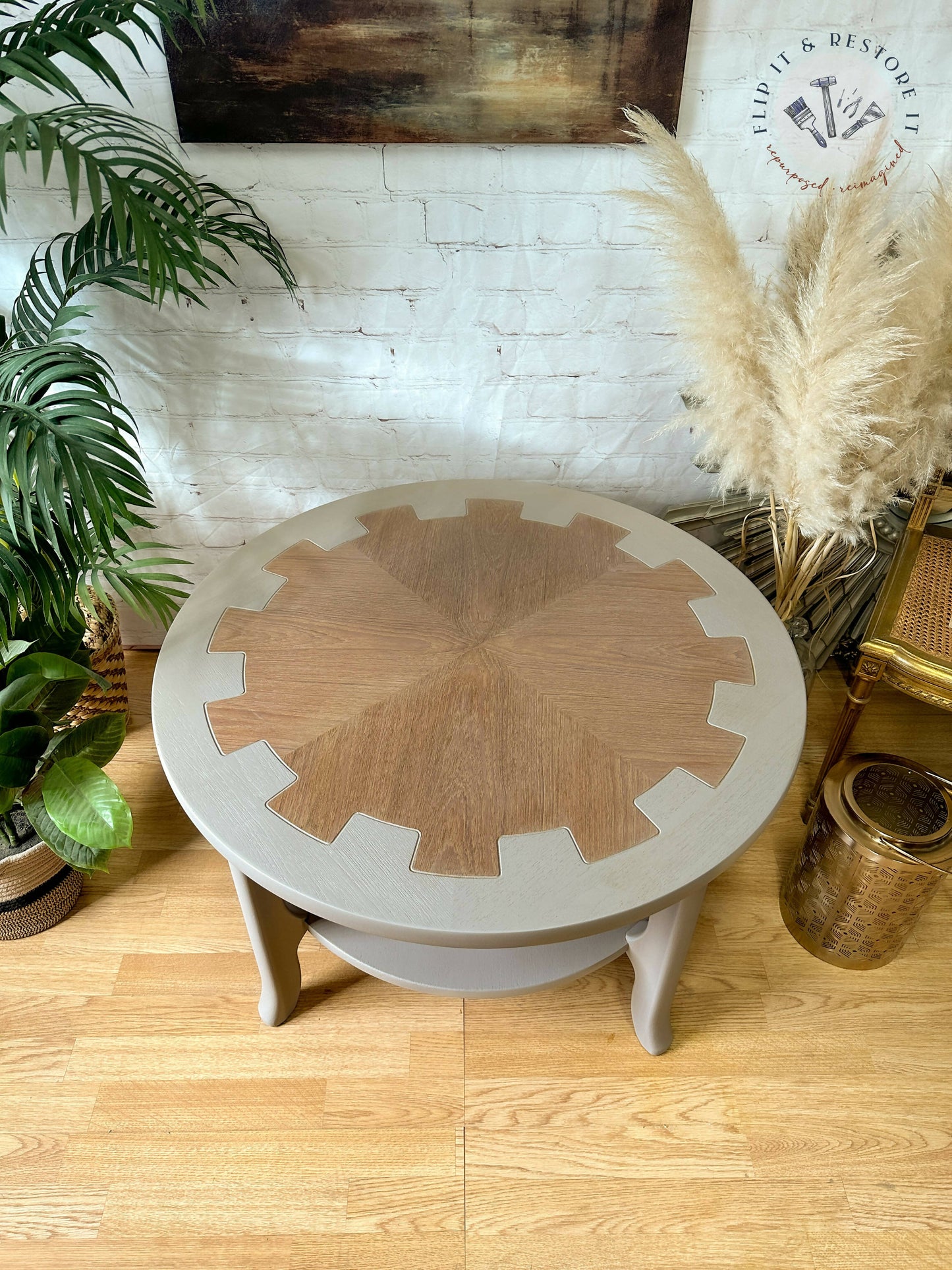 Mid Century Circular Round 'Cog' Coffee Table By Nathan Furniture Wooden Side Table Hand-Painted in Soft Khaki Beige - MADE TO ORDER