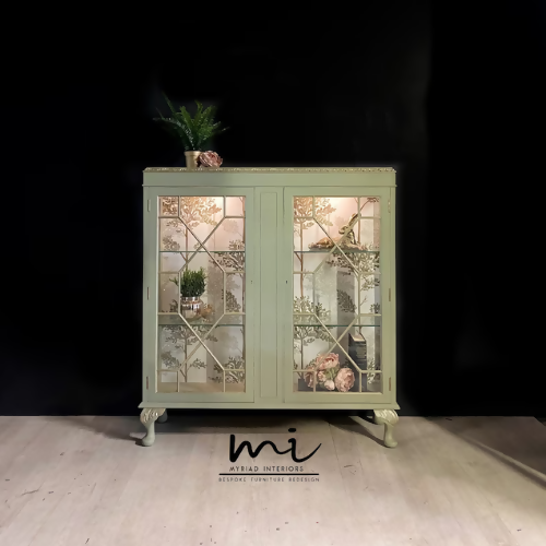 Vintage display cabinet, glass, pale sage green and gold. Drinks cocktail cabinet, sideboard, cupboard - commissions available