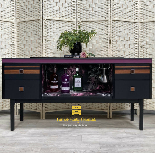 SOLD! Retro MCM Sideboard/Drinks Cabinet in Black, Teak and deep Pink. Harris Lebus Furniture (Sarah)