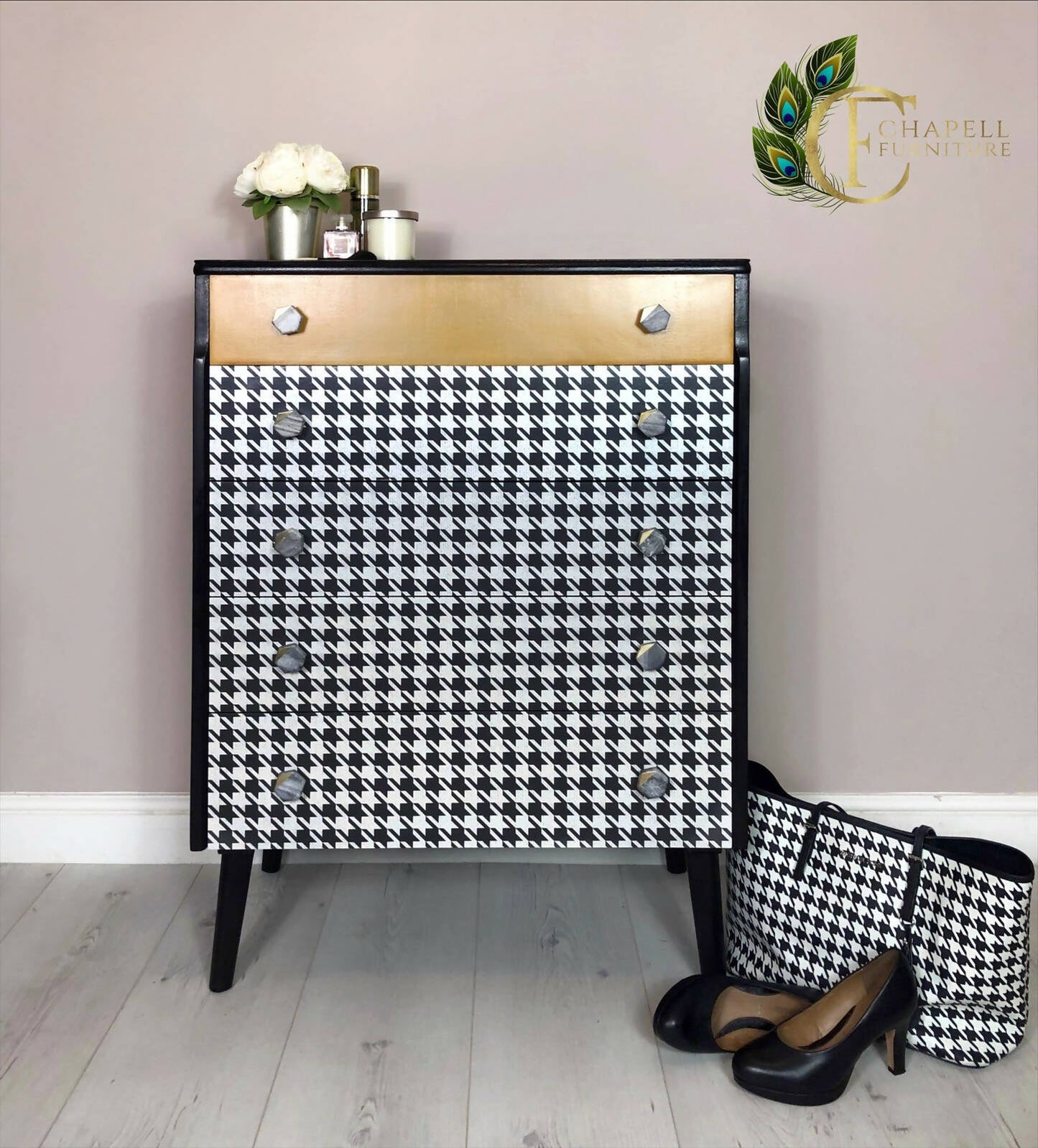 Retro Mid Century Chest of 5 drawers, Hand painted in black satin with Dogtooth pattern decoupage