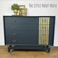 Mid Century G Plan Navy Blue Chest of Drawers Gold Stencil Design