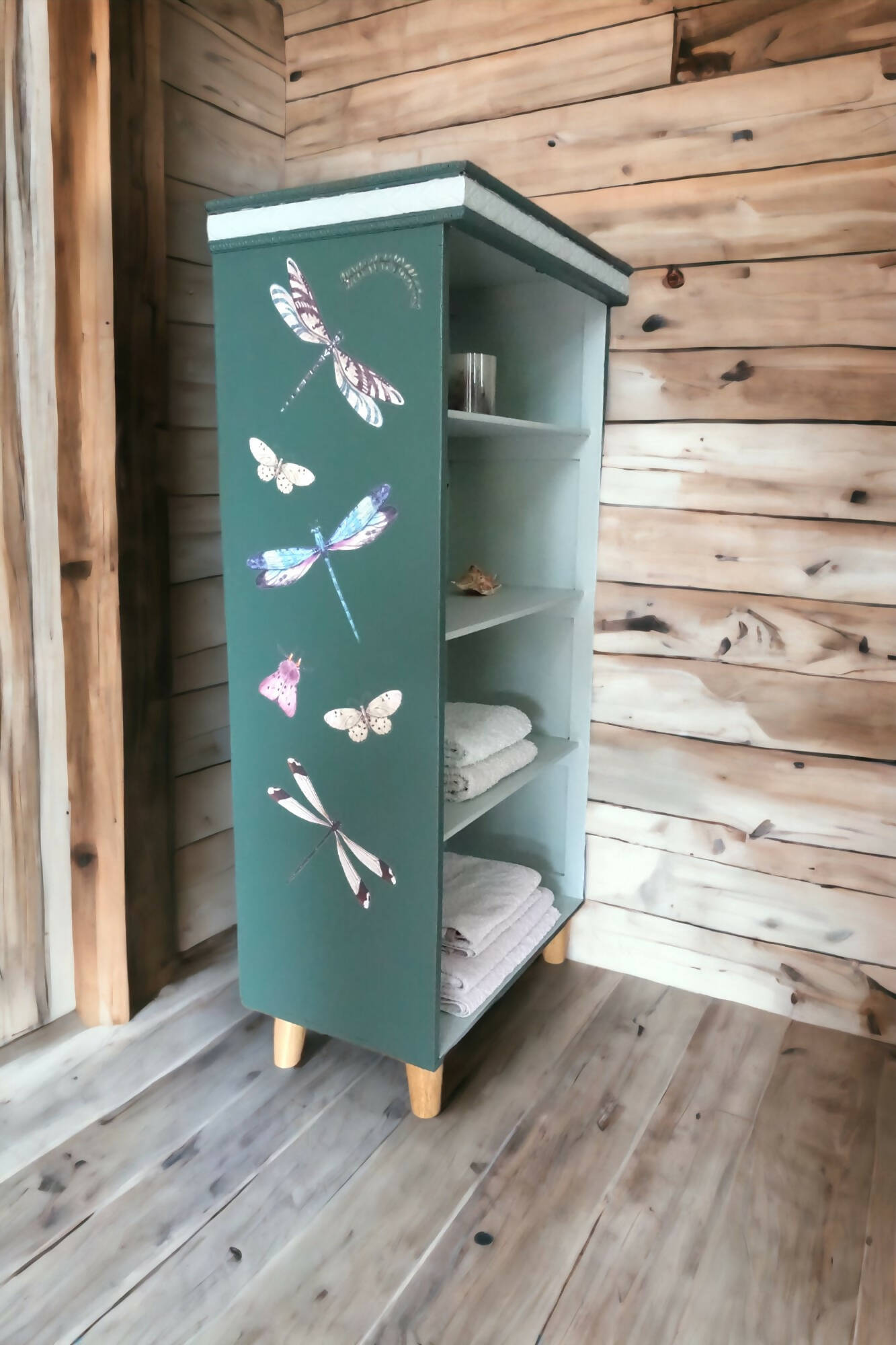 Wooden Shelving Unit with 4 Shelves Decorated with Butterflies and Dragonflies