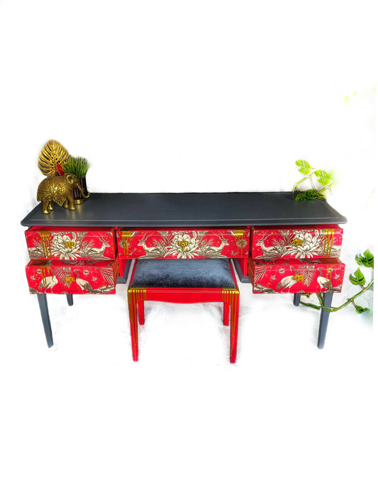 Red and grey decoupaged Stag dressing table/ desk