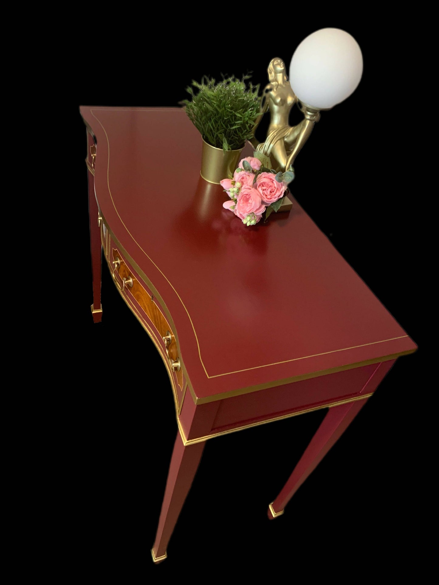 Hand painted Writing desk, Hall table, Console table with 2 curved drawers in Burgundy & Gold colour