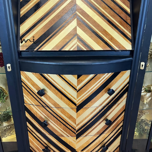 Refurbished vintage cocktail cabinet, black gold chevron, drinks bar, gin, upcycled bureau, sideboard display - commissions available