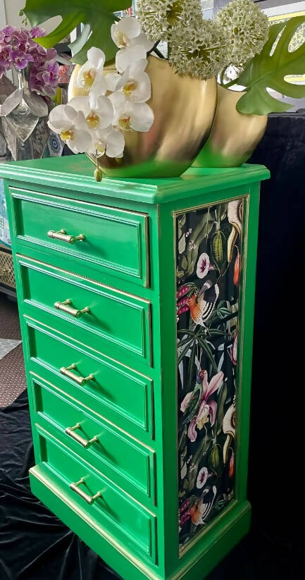 Green Jungle Inspired Tallboy Chest of Drawers