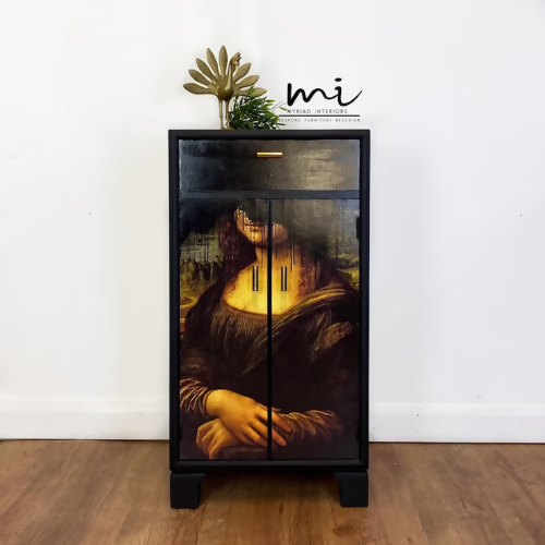 Upcycled drinks cabinet, cocktail, hand painted, Mona Lisa, decoupage, gin bar, black - commissions available