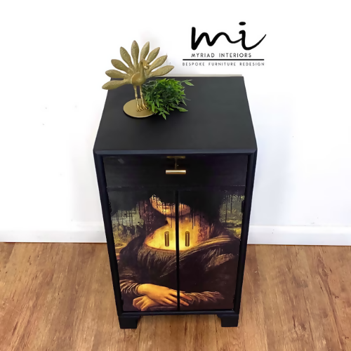 Upcycled drinks cabinet, cocktail, hand painted, Mona Lisa, decoupage, gin bar, black - commissions available