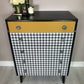 Retro Mid Century Chest of 5 drawers, Hand painted in black satin with Dogtooth pattern decoupage