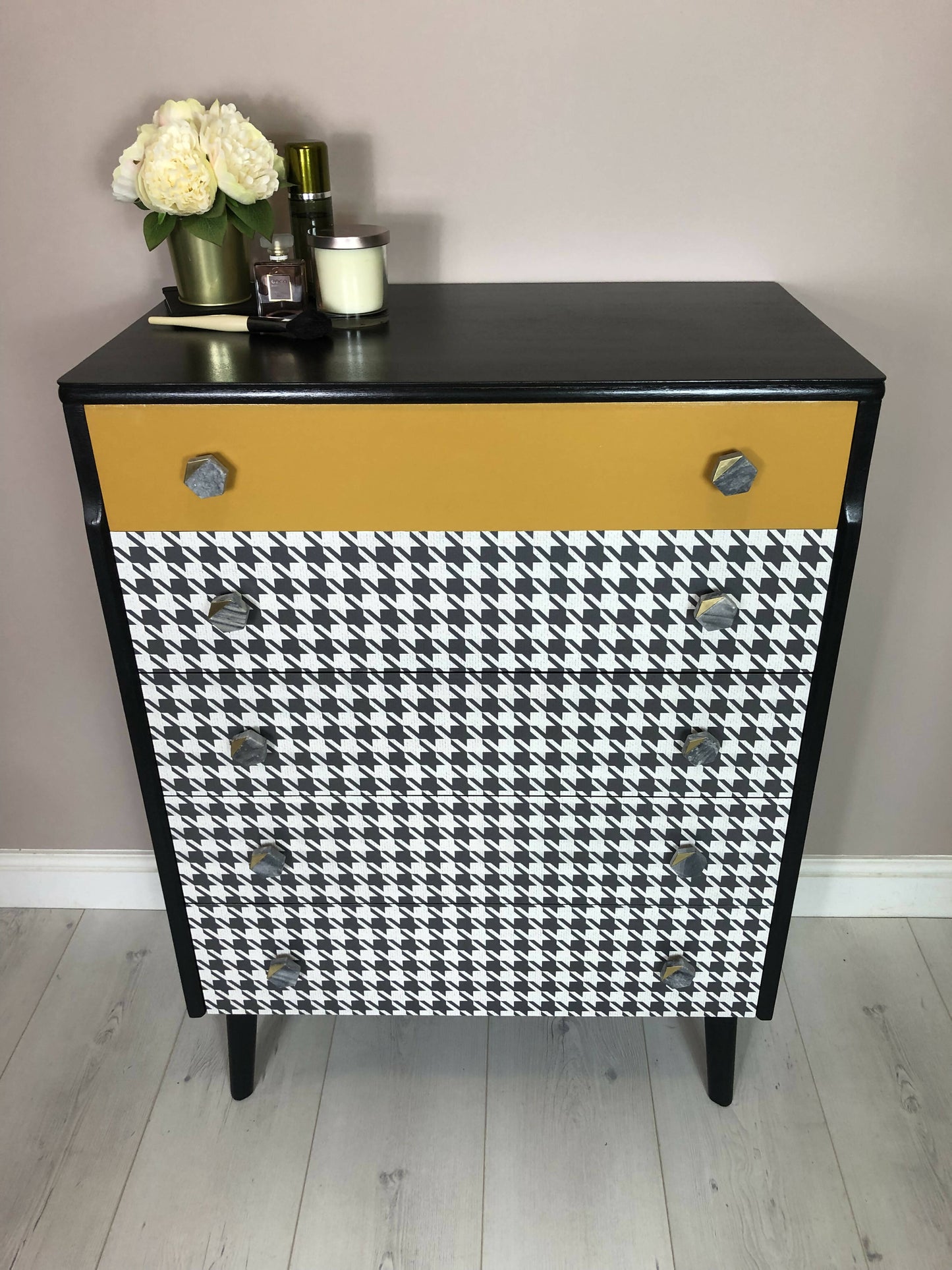 Retro Mid Century Chest of 5 drawers, Hand painted in black satin with Dogtooth pattern decoupage