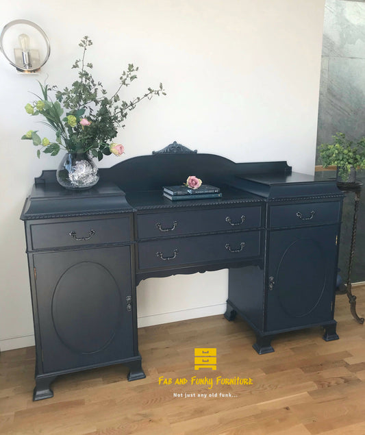 Large Vintage Sideboard/Buffet in Dark Blue with Silver Glaze highlights (Victor)